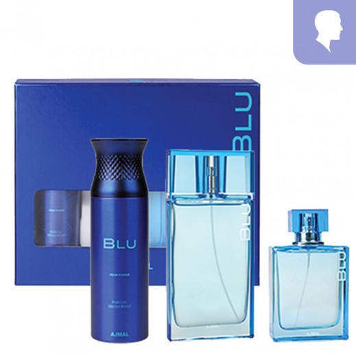Ajmal Blu Gift Set For Men EDP 90ml + EDC 90 ml + Deodorant 200ml - delivered by Taw9eel Fast