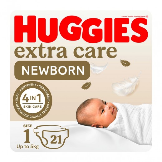 Huggies Extra Care Newborn Size 1 Diapers Up to 5 kg 21 Pcs - delivered by Taw9eel Fast