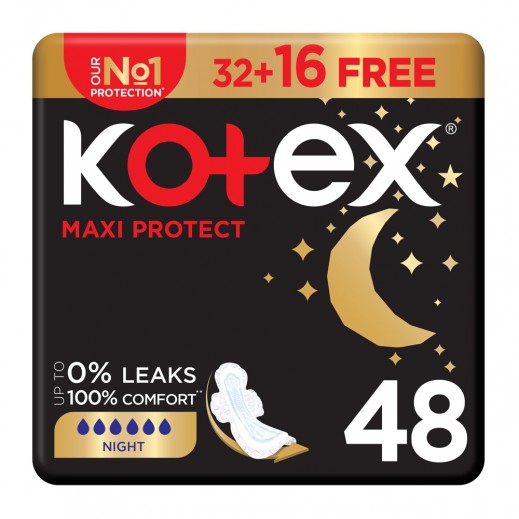 Kotex Maxi Protect Night Mega Pack 32 + 16 Free Pads - delivered by Taw9eel Fast