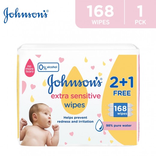 Johnson's Baby Extra Sensitive Wipes 2+1 Packs Of 56 Wipes 168 Count - delivered by Taw9eel Fast