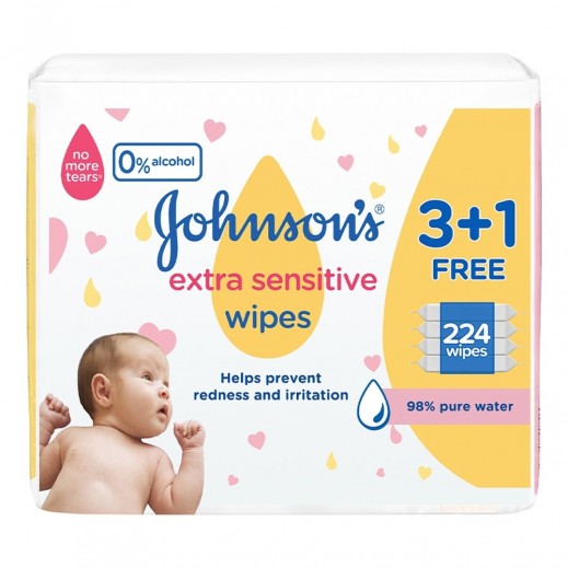 Johnson's Baby Extra Sensitive Wipes 56 Pieces 3 + 1 Free - delivered by Taw9eel Fast