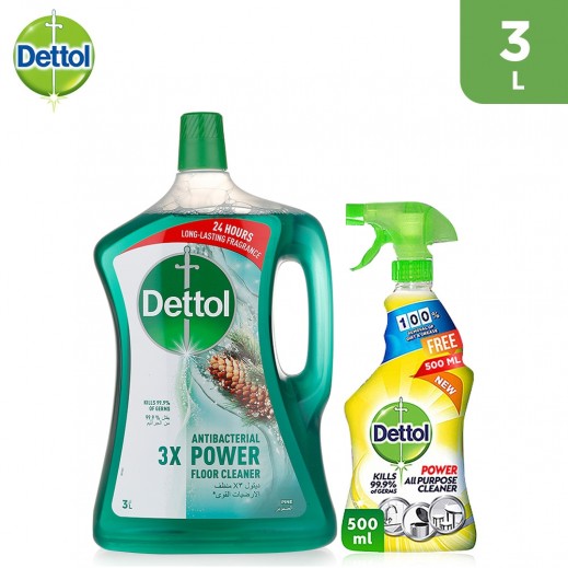 Dettol Power Pine Floor Cleaner 3 L + Lemon All Purpose Cleaner 500 ml Free - delivered by Taw9eel Fast