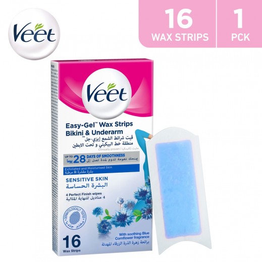 Veet Sensitive Skin Bikini & Underarm Hair Removal Easy-Gel Wax Strips 16 Strips - delivered by Taw9eel Fast