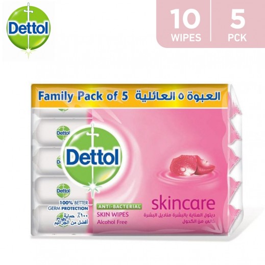 Dettol Skincare Alcohol-Free Anti-Bacterial Skin Wipes 5 packs x 10 Wipes - delivered by Taw9eel Fast