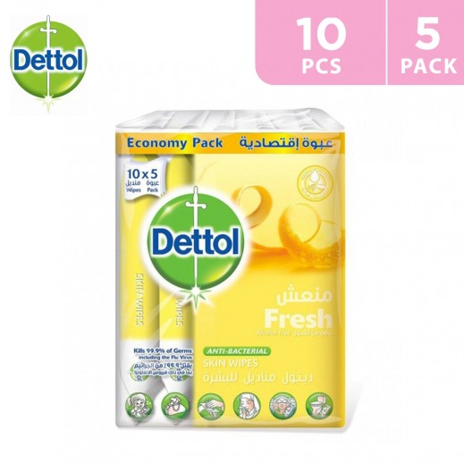 Dettol Fresh Alcohol-Free Antibacterial Skin Wipes 5 x 10 Wipes - delivered by Taw9eel Fast