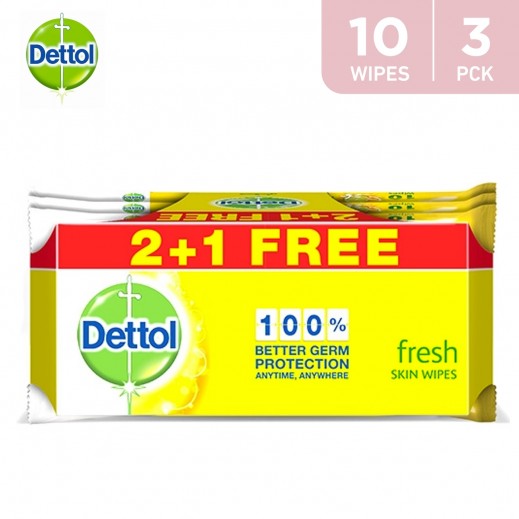 Dettol Fresh Anti-bacterial Skin Wipes 10 Wipes (2+1 Free) - delivered by Taw9eel Fast