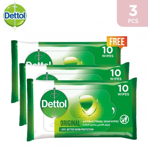 Dettol Original Alcohol-Free Anti-Bacterial Skin Wipes 10 Wipes (2+1 Free) - delivered by Taw9eel Fast