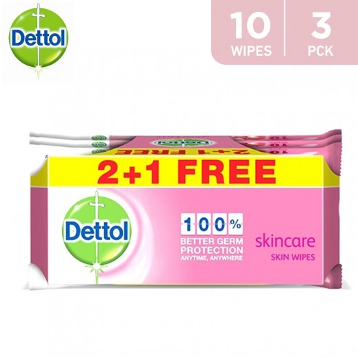 Dettol Skincare Anti-bacterial Skin Wipes 10 Wipes (2+1 Free) - delivered by Taw9eel Fast