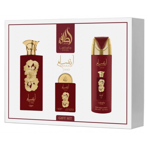 Lattafa 3Pcs Gift Set Pride Ansaam Gold EDP 100 Ml + EDP 20 Ml + Deo 200 Ml