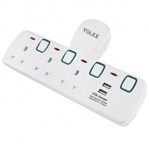 Yolex 3-Way Socket Adapter with 2 USB Ports & Individual Switches