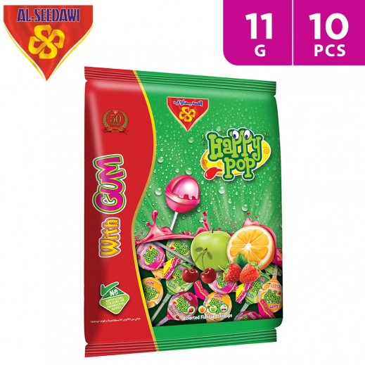 Al Seedawi Happy Pop With Gum Assorted Flavoured Lollipops 10 x 11 g - delivered by Taw9eel Fast