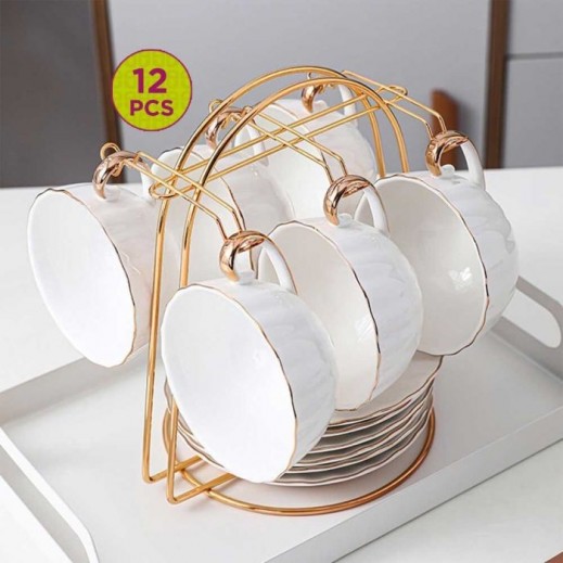 12 Pcs Set of Tea Cups and Saucer Set with Stand Holder