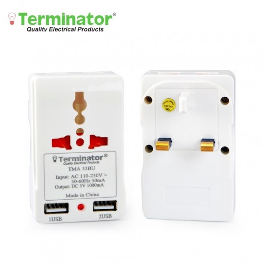 Terminator 1 Way Adaptor with 2 USB Ports - White