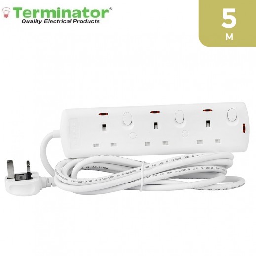 Terminator 3 Way UK Power Extension Socket 5M Cable - White