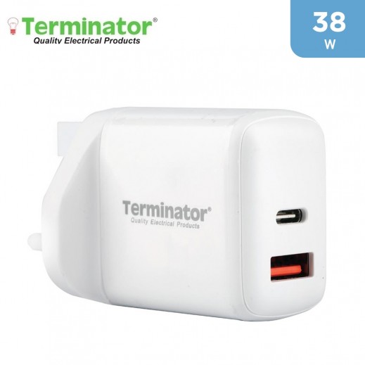 Terminator USB Wall Charger with 38W Fast Charging USB-A (QC3) & USB-C (PD) with 13A Plug