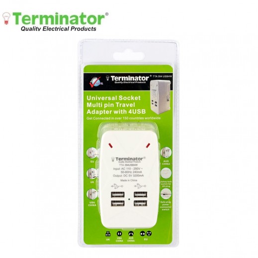 Terminator Multi Plugs Travel Adaptor With 4 USB -White