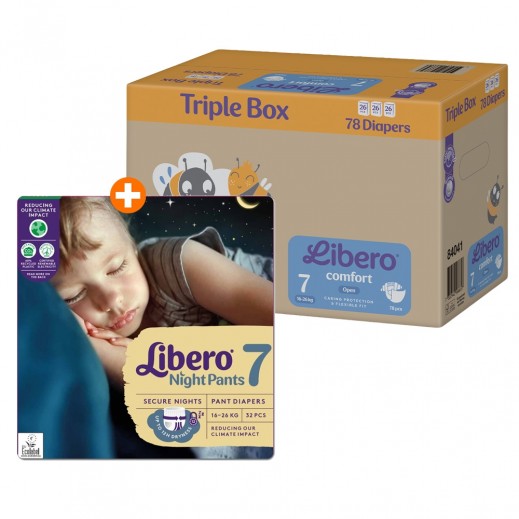 Libero Comfort Open Diapers Size 7 From 16 To 26kg 78 Diapers + Libero Night Pants Size 7 From 16 To 26 Kg - 32 Diapers