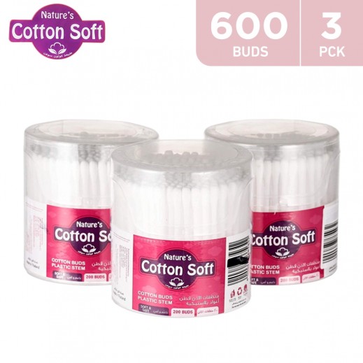Nature's Cotton Soft Plastic Cotton Buds 3 X 200 Pieces