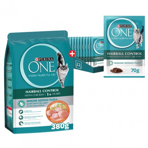 Purina One Hairball Control with Chicken 1+ Years 380 g + Purina Adult Wet Cat Food 12 x 70g