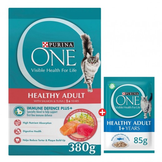 Purina One Healthy Adult Salmon & Tuna Dry Cat Food 380 g + Purina Adult Ocean Fish Pouch 85 g (1+ Years)