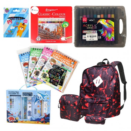 Set of 6 Stationary Set With Red School Bag Colored Pencils Crayons
