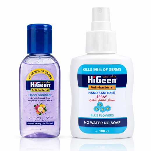 HiGeen Damascus Rose Hand Sanitizer Gel 50ml + Blue Flower Hand Sanitizer Spray 100ml