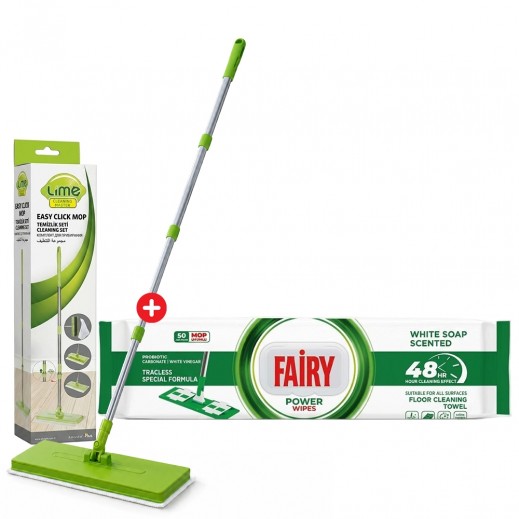 Lime Easy Click Mop Cleaning Set + Fairy Floor Mop Cleaning Towel White Soap 50 pcs