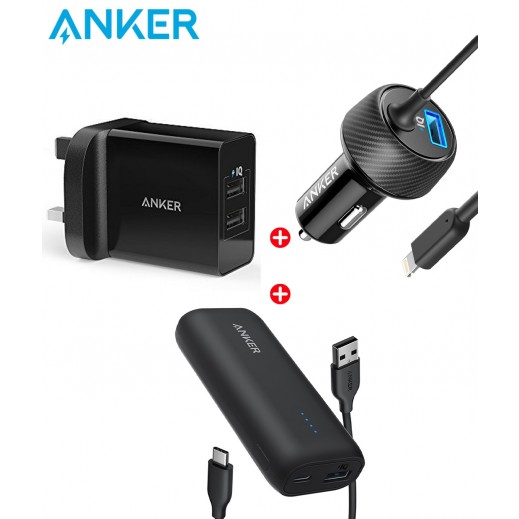 Anker 321 Power Bank – Black + 2-Port USB Charger 24W 4.8A – Black + Car Charger with Lightning Connector - Black