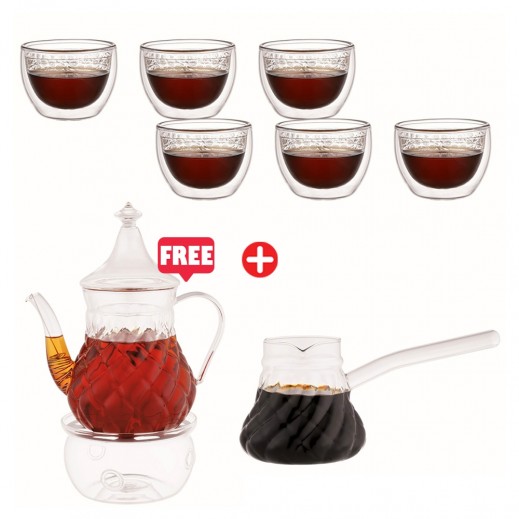 Aramoro 6 Pcs Set 70 ml Double Wall Cawa Cup + 3 Pcs Tea Set Free