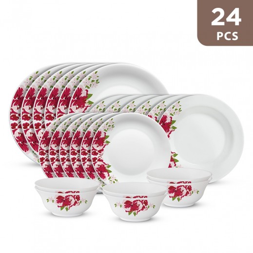 Borosil Dinner Set 24Pcs Rose Red