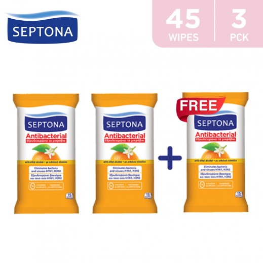 Septona Orange Blossom Antibacterial Refreshing Wipes 15 Pieces 2 + 1 Free - delivered by Taw9eel Fast