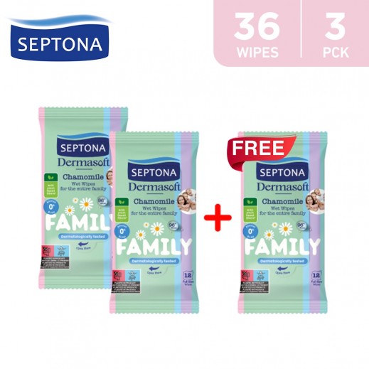Septona Dermasoft Chamomile Wet Wipes For The Entire Family 12 Wipes 2 + 1 Free - delivered by Taw9eel Fast
