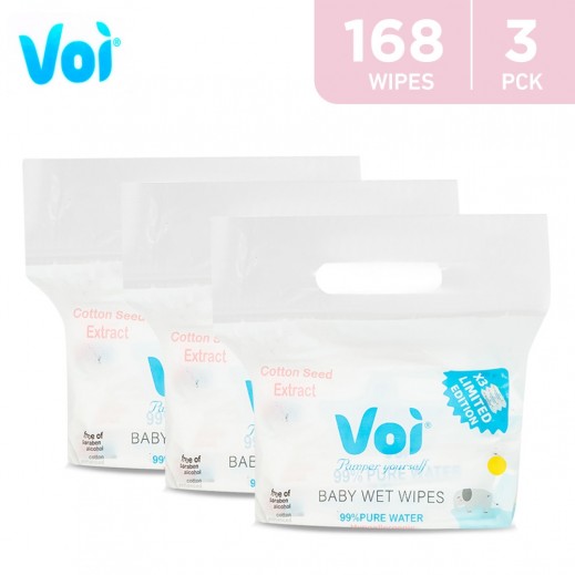 Voi 99% Pure Water Baby Wet Wipes 3 x 56 Pcs - delivered by Taw9eel Fast