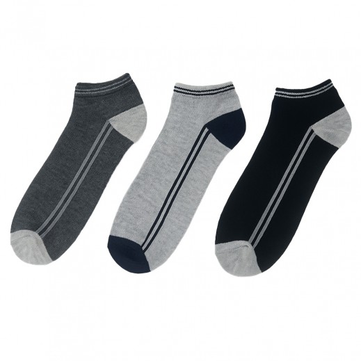 Pack of 3 Men’s Black & Gray Striped Ankle-Length Socks - Free Size