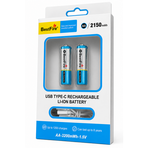 Bestfire AA 2150mAh 1.5V USB Type-C Rechargeable Li-ion Battery Pack of 2