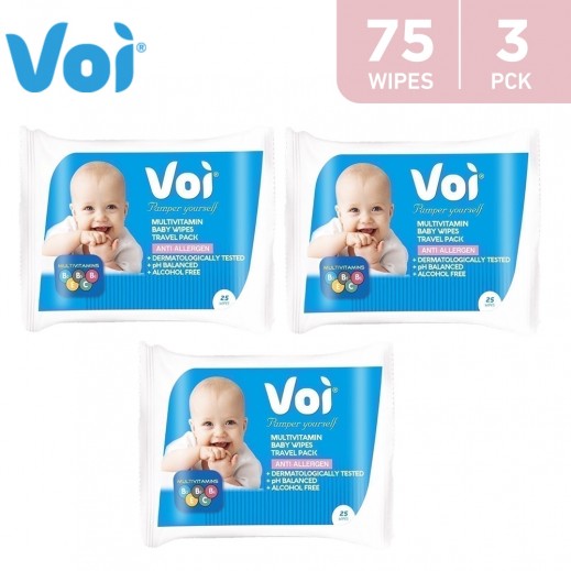 Voi Multivitamin Baby Wet Wipes Travel Pack 3 x 25 Pieces - delivered by Taw9eel Fast
