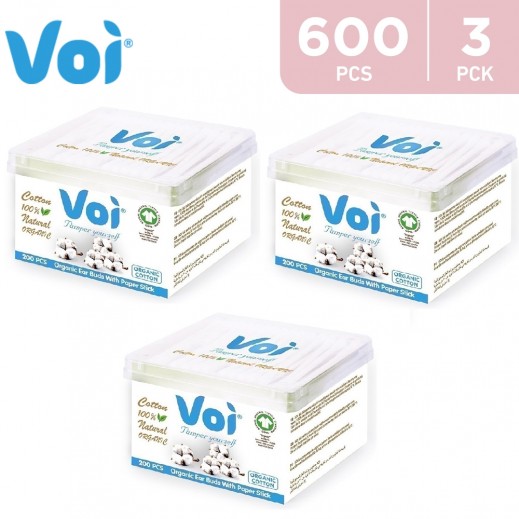Voi Organic Cotton Earbuds With Paper Stick 3 x 200 Pieces - delivered by Taw9eel Fast