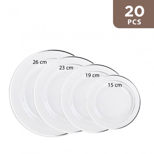 Heavy Duty White/Silver Round Plastic Plate 20 Pieces