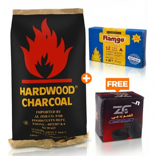 Al Jisr Extra Hardwood Charcoal 4 kg + Flamingo Firelighters 12 Cube + ZG Bukhour Charcoal 16 Pieces Free