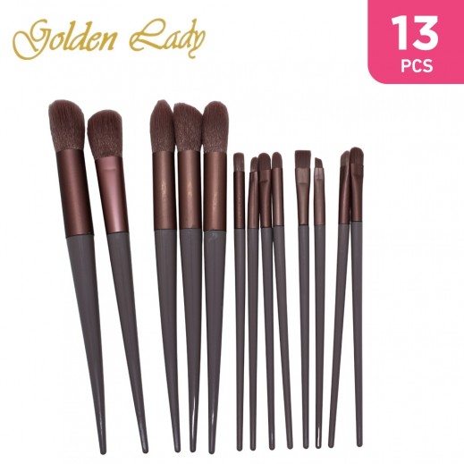Golden Lady Makeup Brush Set Beige Brown 13 Pieces