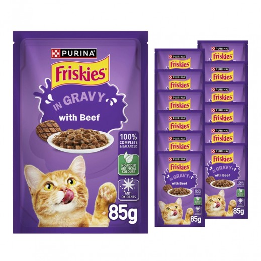 Purina Friskies Beef Chunks in Gravy Wet Cat Food Pouch 12 x 85 g - delivered by Taw9eel Fast