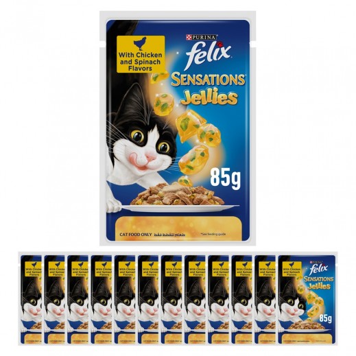 Purina Felix Sensations Jellies Chicken & Spinach Flavor Cat Food 12 x 85 g - delivered by Taw9eel Fast