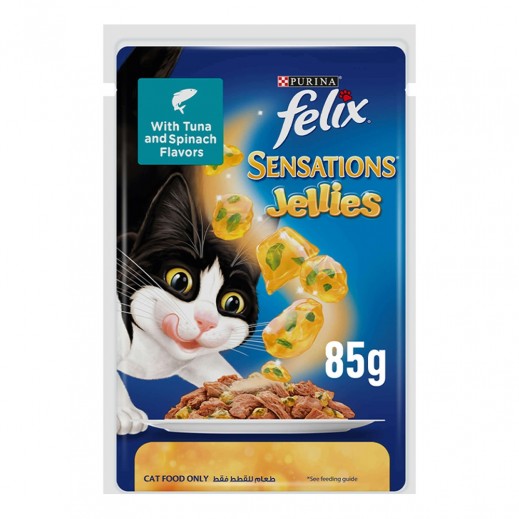 Purina Felix Sensations Jellies Tuna & Spinach Flavor Cat Food 85 g - delivered by Taw9eel Fast