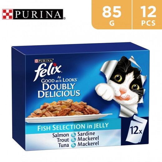 Purina Felix Doubly Delicious fish selections in jelly 12 X 85 g - delivered by Taw9eel Fast
