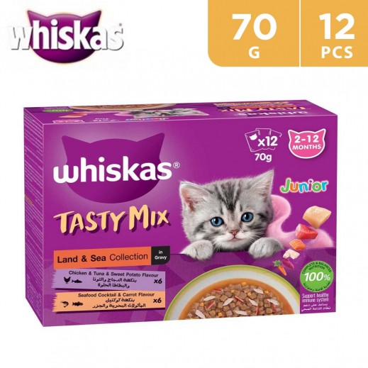 Whiskas Tasty Mix Land & Sea Collection in Gravy Kitten Cat Food 12 x 70 g - delivered by Taw9eel Fast