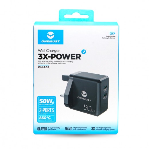 Onemust 50W Super Fast 2 Type-C Ports Charger - Black