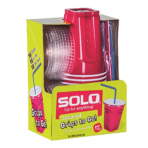 Squared Plastic Cup with Lid and Straw - 15 Pieces