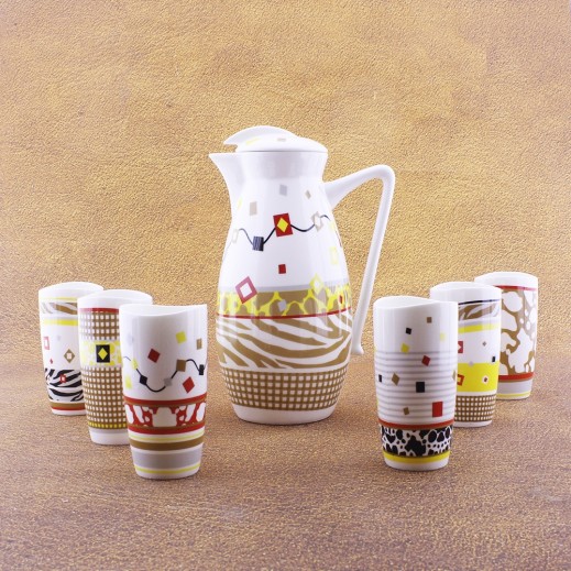 White Printed Set of 6 Ceramic Water Glasses & Jug