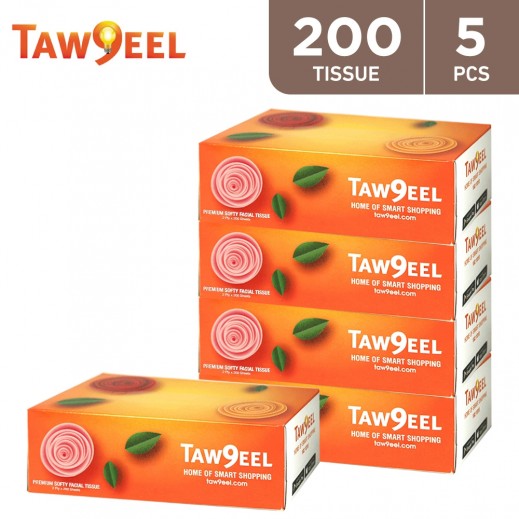 Taw9eel Essentials Commercial Facial Tissues 200 x 2 Ply - 5 Pieces