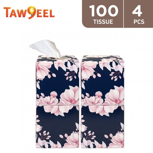 Taw9eel Essentials Cube Facial Tissues Flower 100 x 2 Ply - 4 Boxes  - delivered by Taw9eel Fast